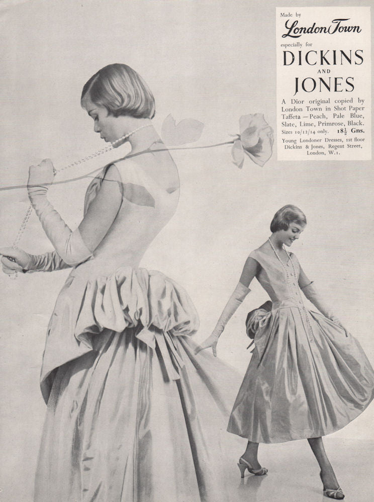 London Town. Dickins & Jones. Dior. Shot Paper Taffeta. Fashion advert 1955